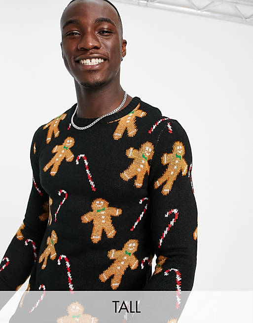 Another Influence Tall festive gingerbread print jumper in black