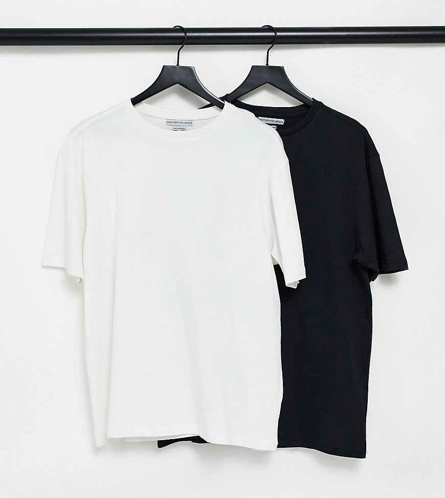 Another Influence Tall – Kastenförmige Oversize-T-Shirts in Schwarz und Weiß im 2er-Pack-Mehrfarbig