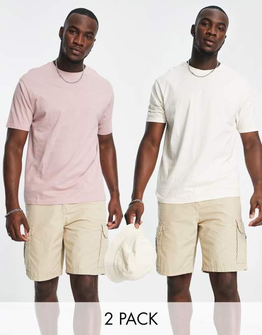 Another Influence Tall – Kastige T-Shirts in Staubrosa und Ecru im 2er-Pack