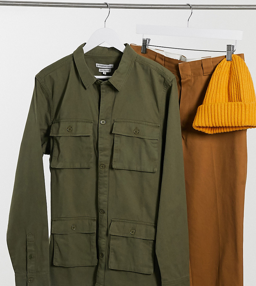Another Influence Tall set utility overshirt in khaki-Green