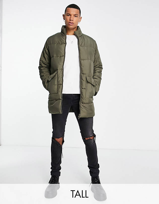 Another Influence - tall utility longline puffer jacket in khaki