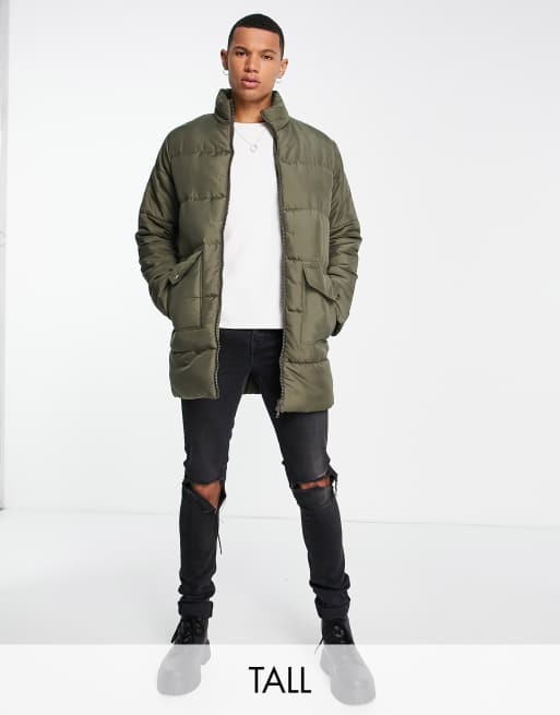 Another Influence Tall utility longline puffer jacket in khaki