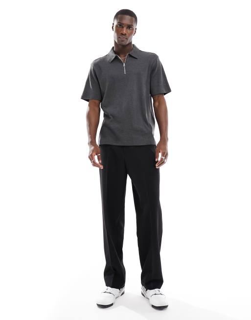 Another Influence textured jersey zip polo in dark gray