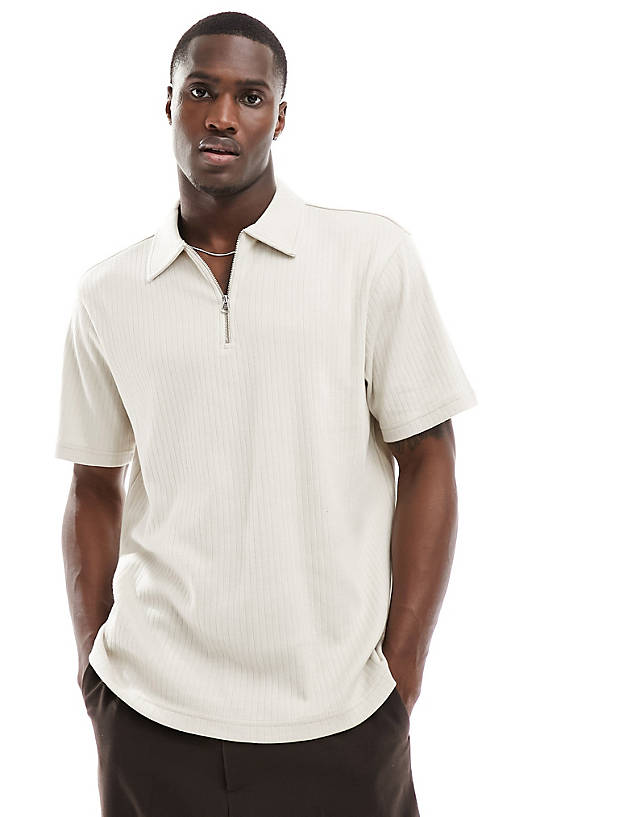 Another Influence - textured jersey zip polo in light stone