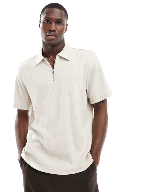  Another Influence textured jersey zip polo in light stone