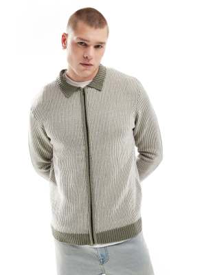 textured pinstripe zip through cardigan in khaki-Green