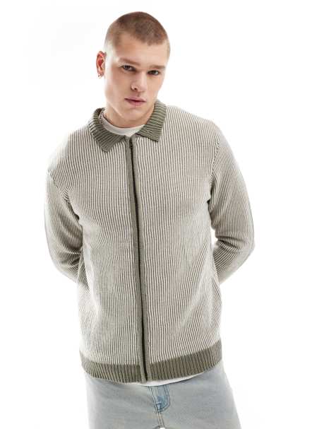 Another Influence textured pinstripe zip through cardigan in khaki - view 1