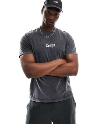 Another Influence tokyo acid washed relaxed fit t-shirt in charcoal grey - view 1