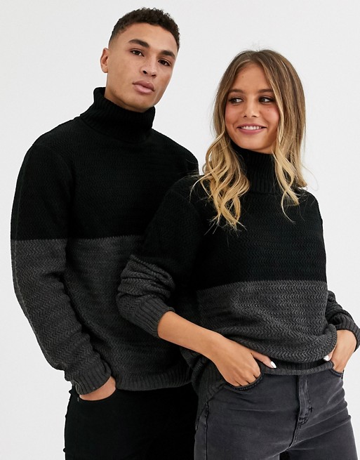Another Influence unisex cut and sew roll neck cable jumper in grey