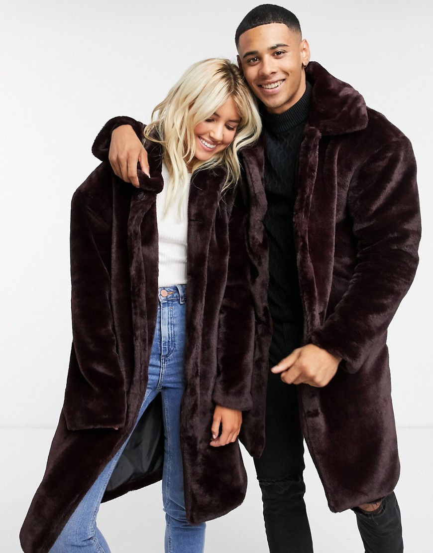 Another Influence unisex faux fur jacket in burgundy-Red
