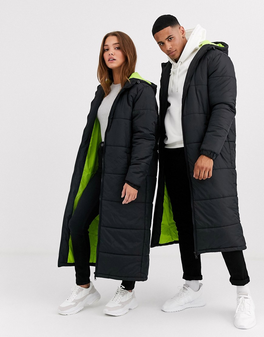Another Influence unisex longline puffer in black with neon lining