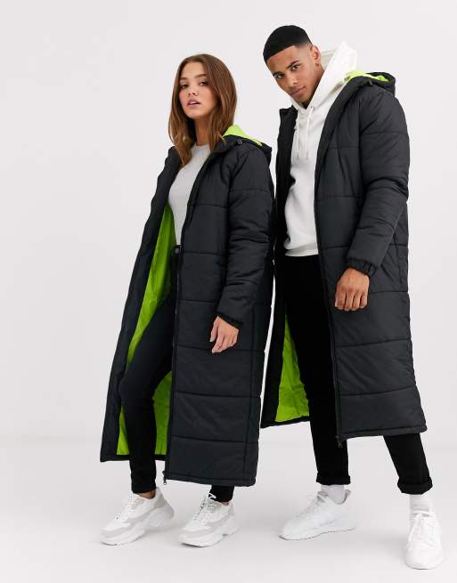 Another Influence – Unisex – Svart vadderad jacka i longline med foder i neon