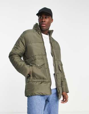 utility puffer jacket in khaki-Green