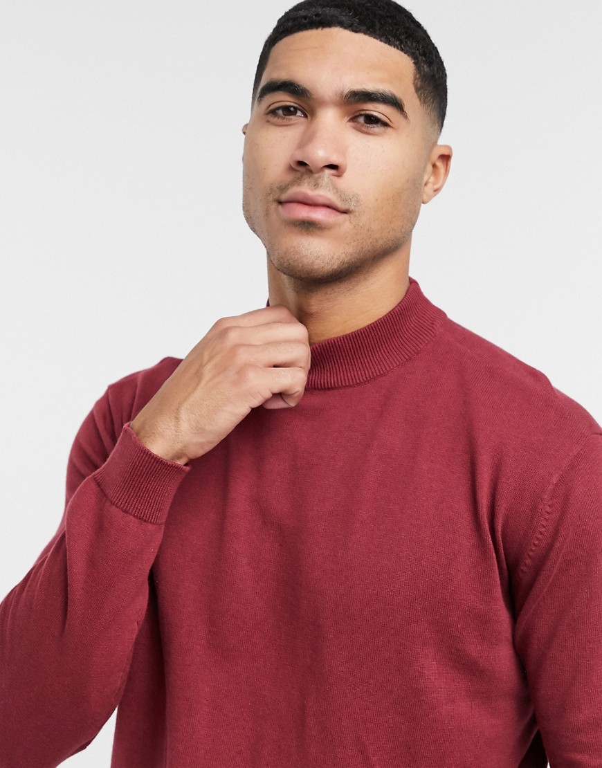 Another Influence – Vinröd stickad tröja i boxig passform med halvpolokrage