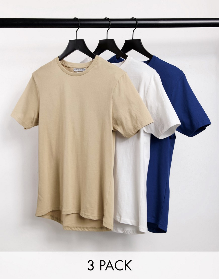 Another Influence – Vit, khakifärgad och marinblå t-shirt i boxig passform, 3-pack-Olika färger