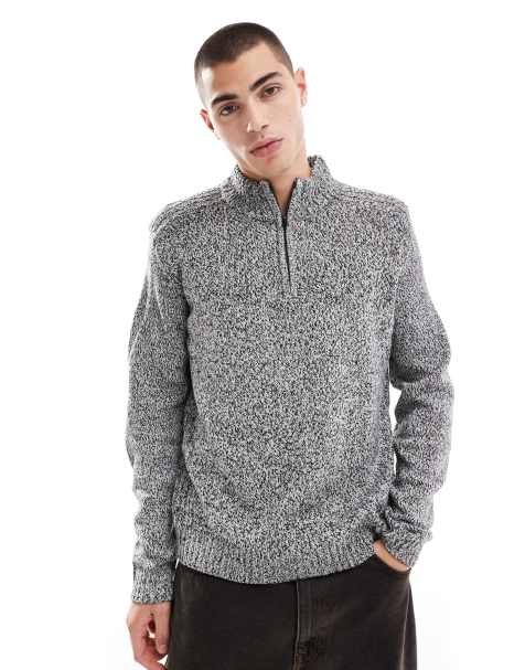 Another Influence zip funnel neck chunky jumper in grey marl - view 1