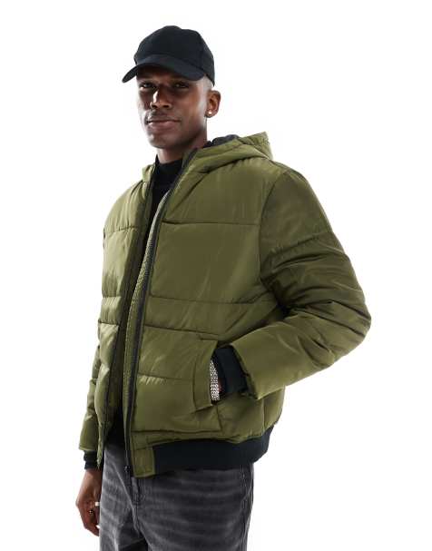 Another Influence zip through quilted bomber jacket in khaki green - view 1