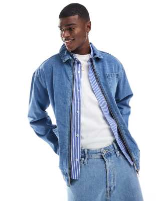 Another Influence Zip-up Denim Shacket In Blue