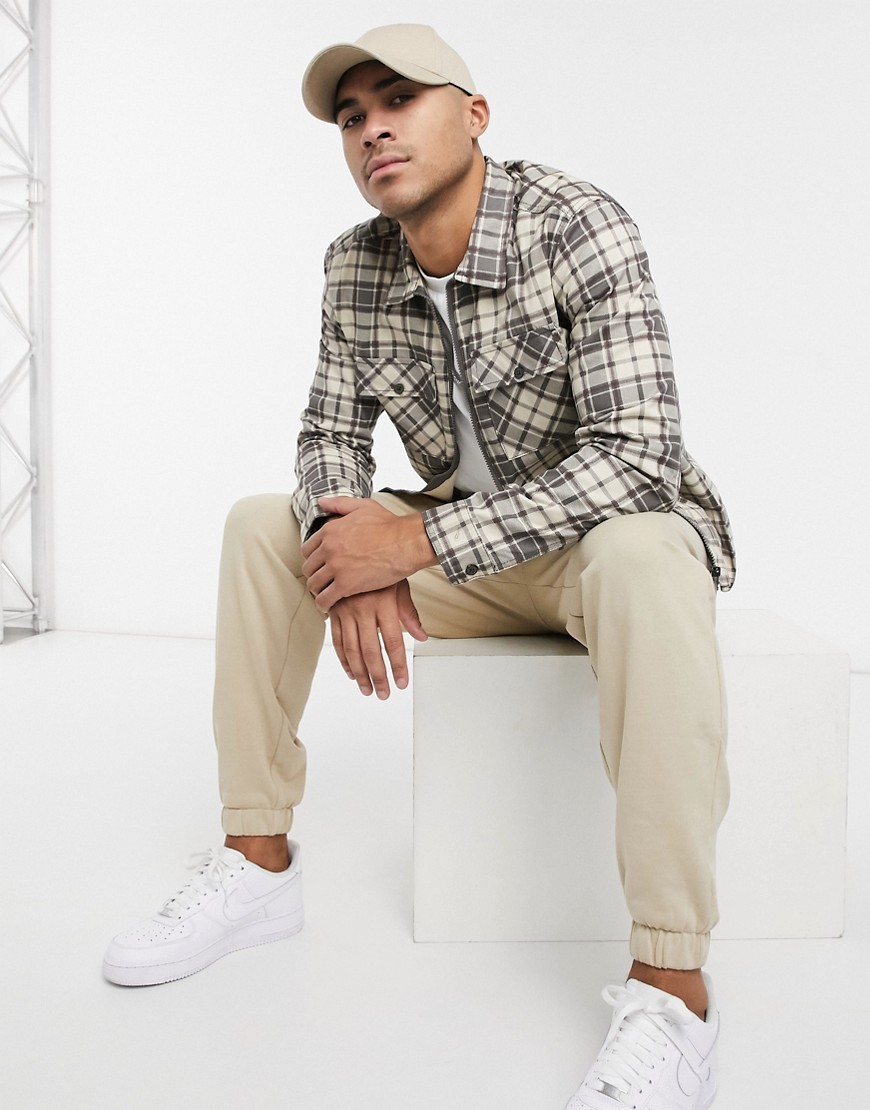 Another Influence zip up over shirt in cream plaid-White