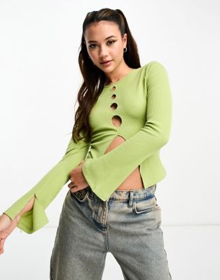 Another Reason 90s cut out open front long sleeve top in pistachio