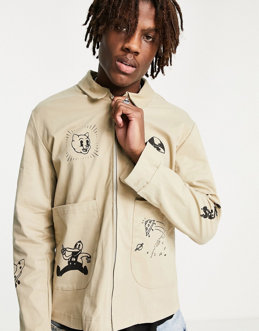 Another Reason cartoon zip up jacket in sand-Yellow