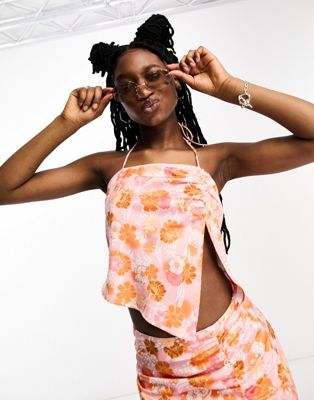 Another Reason halterneck crop top with split front co-ord in retro floral-Orange