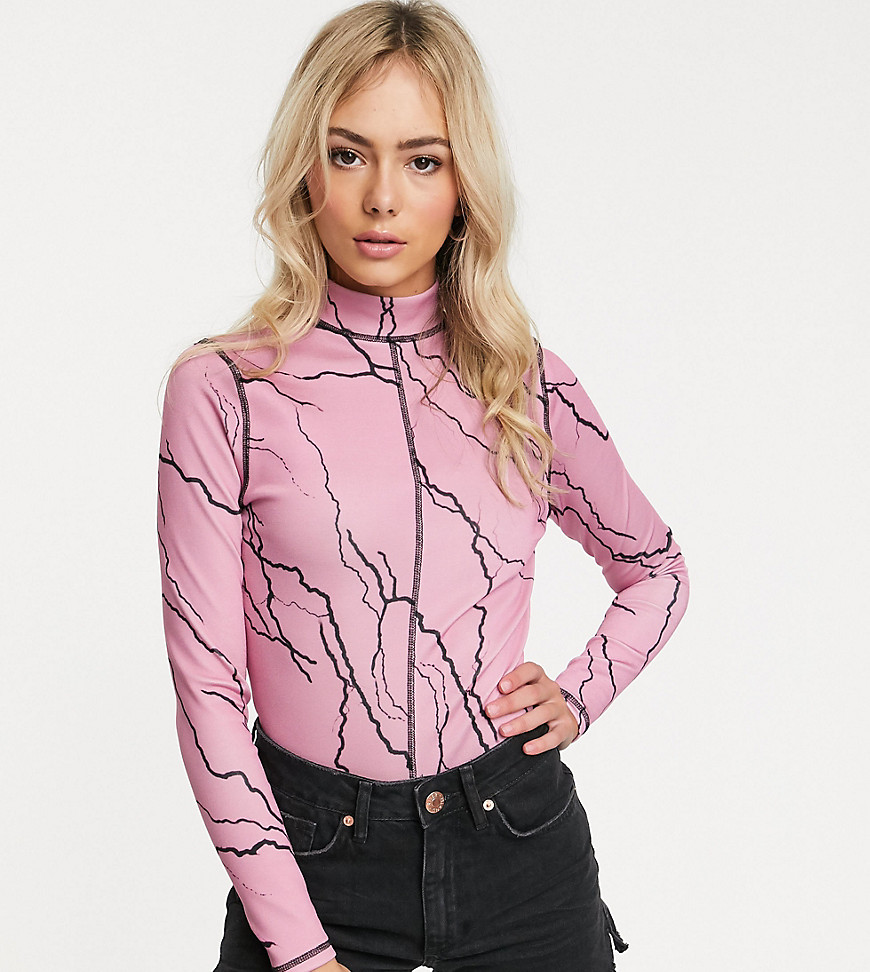 Another Reason high neck body with contrast seams in lightening print-Pink