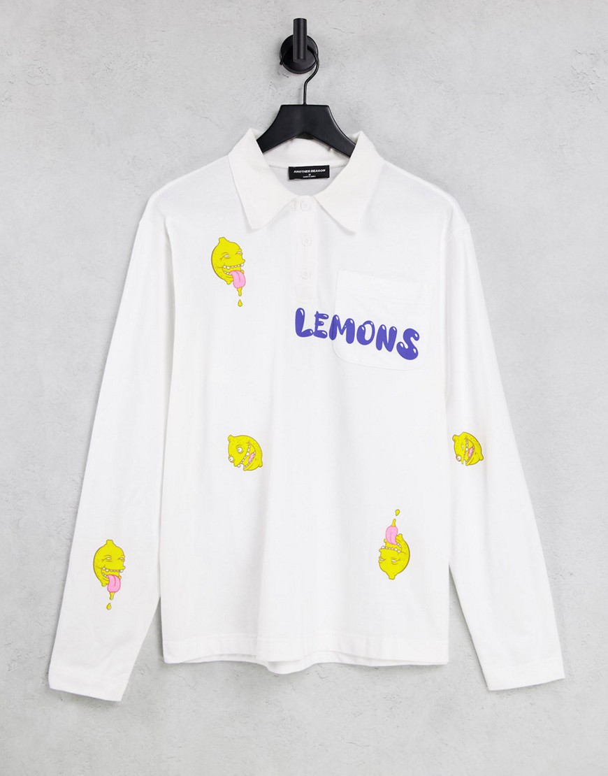 Another Reason lemons long sleeve polo shirt in cream-White