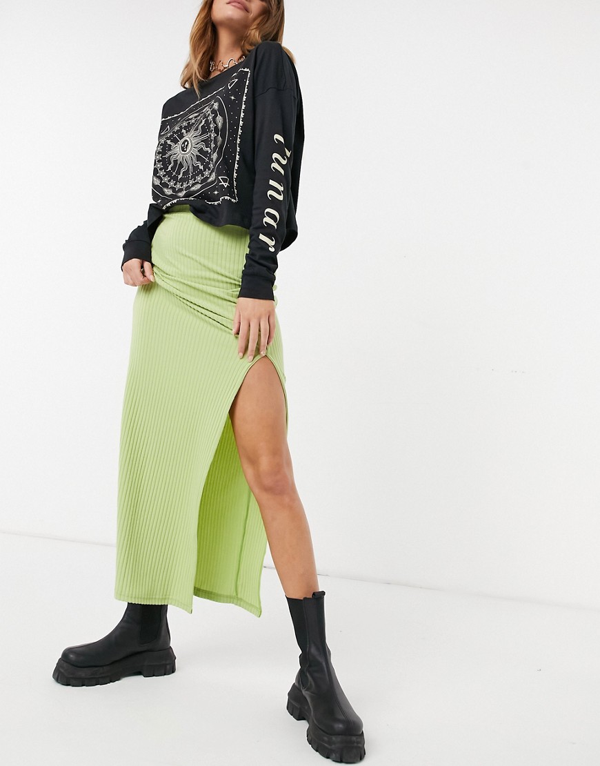 Another Reason maxi body-conscious skirt in rib with thigh split-Green