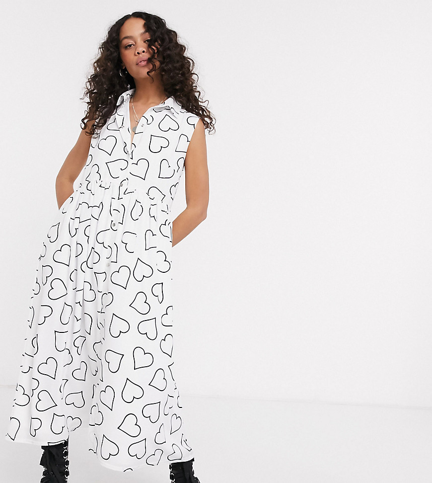 Another Reason midi shirt dress in heart scribble print-White
