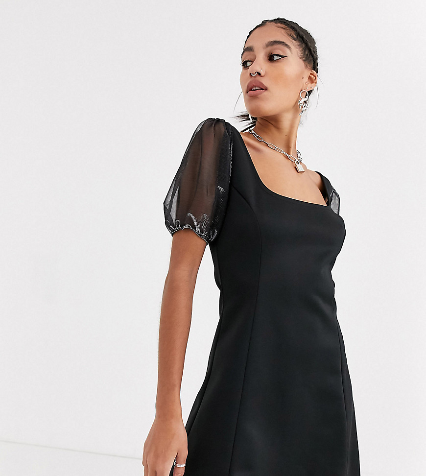 Another Reason - Mini-jurk met vierkante hals en organza pofmouwen-Zwart