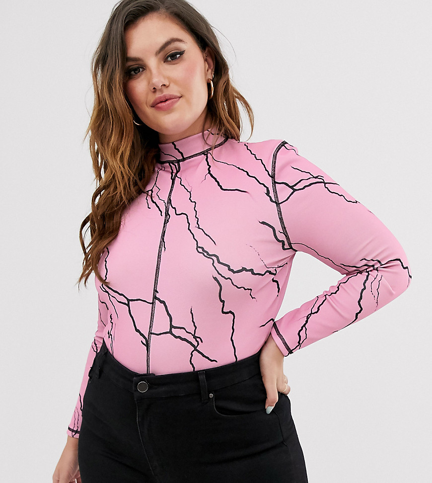Another Reason Plus high neck body with contrast seams in lightening print-Pink
