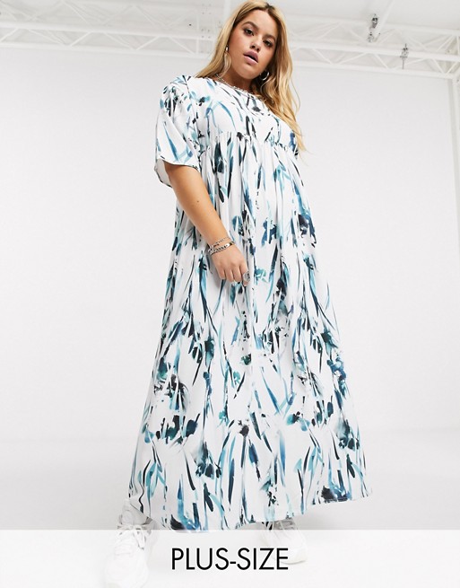 Another Reason Plus maxi smock dress in brush stroke print