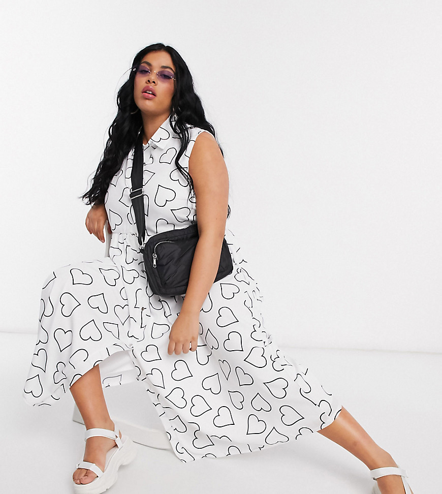 Another Reason Plus midi shirt dress in heart scribble print-White