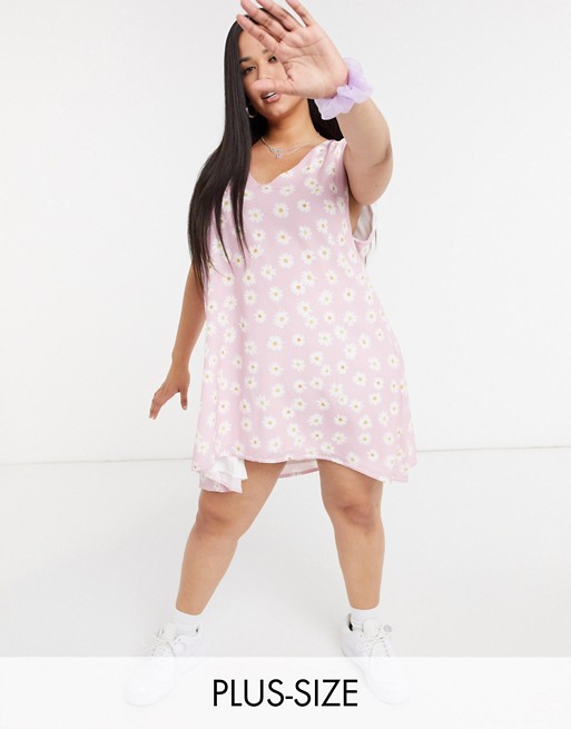 Another Reason Plus mini smock dress in pink daisy print