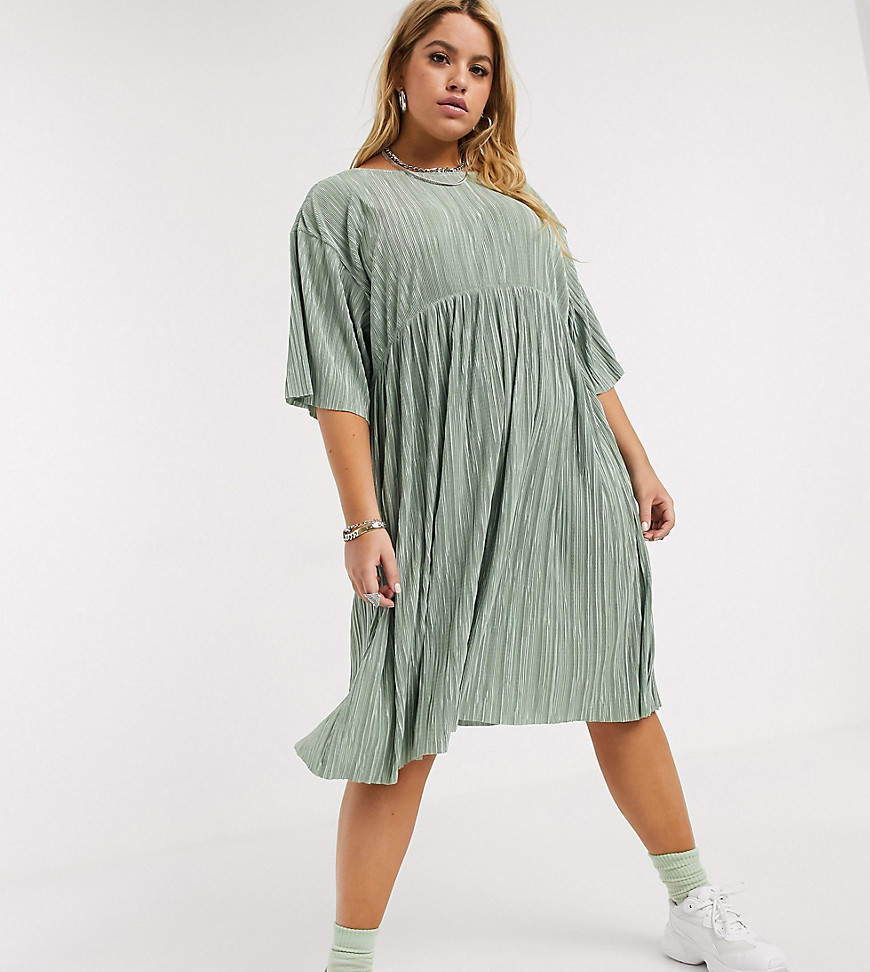 Another Reason Plus plisse babydoll dress with tie up back detail-Green