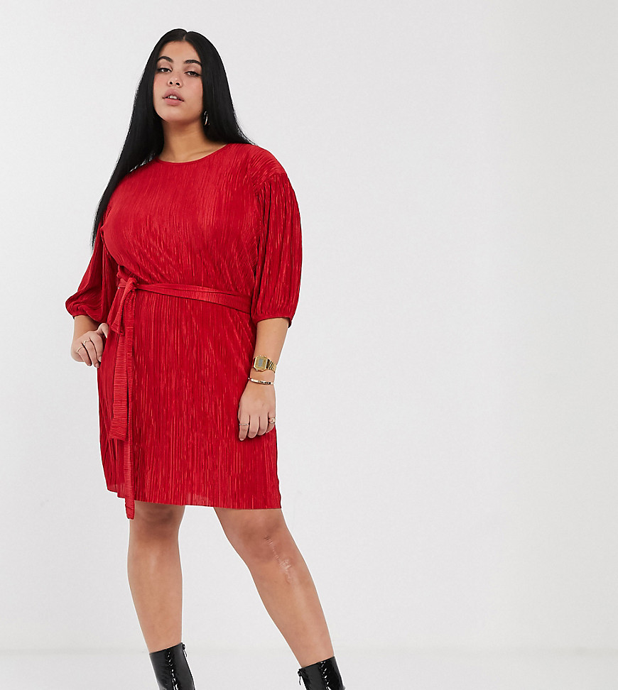 Another Reason Plus plisse t-shirt dress with tie waist-Red
