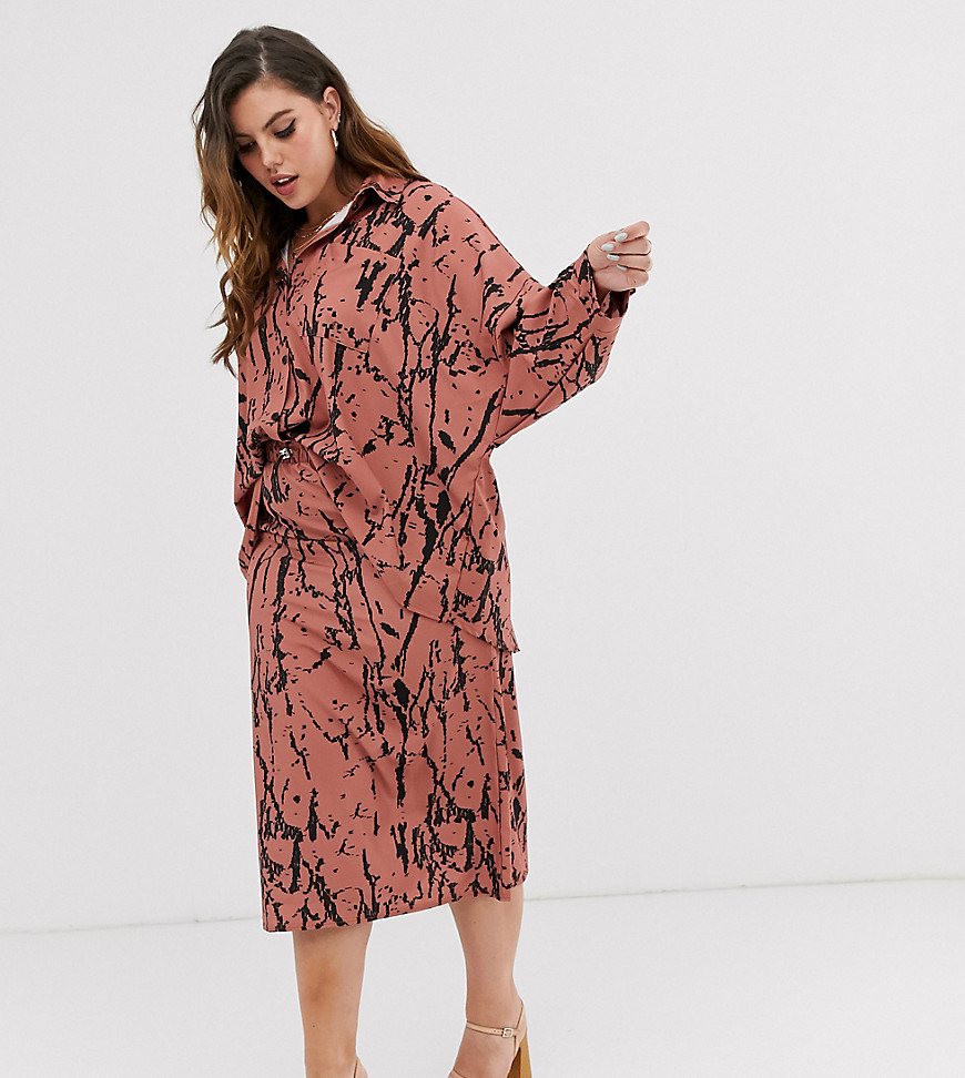 Another Reason Plus relaxed boyfriend shirt in abstract print co-ord-Brown