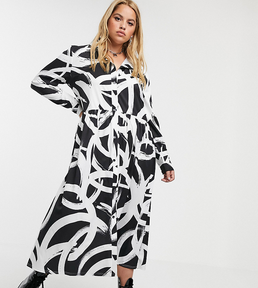 Another Reason Plus relaxed smock shirt dress in tonal print-Multi