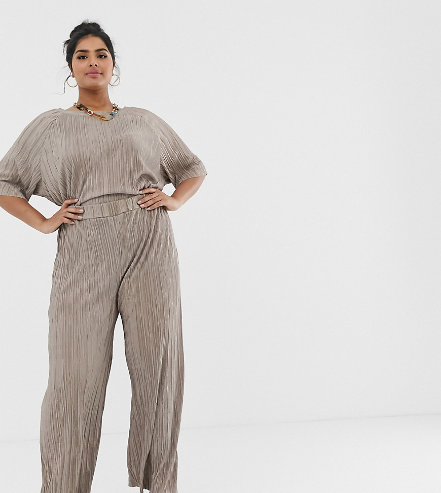Another Reason Plus relaxed trousers in plisse co-ord-Beige