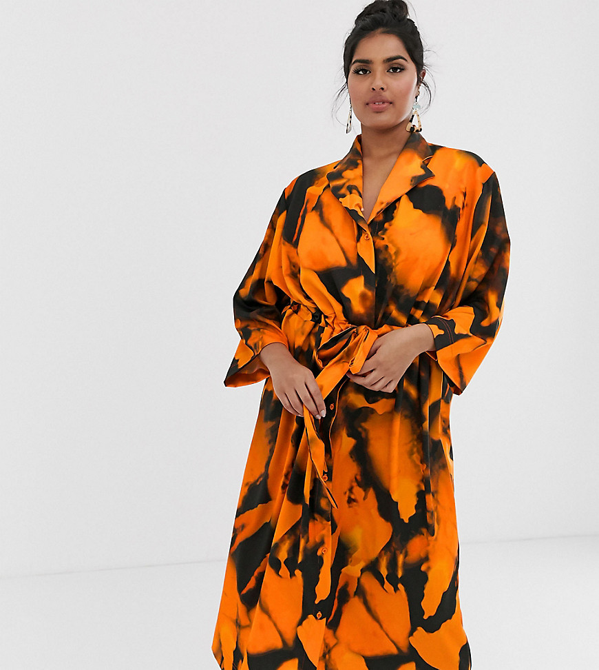 Another Reason Plus slouch shirt dress with drawstring waist in blur print-Orange