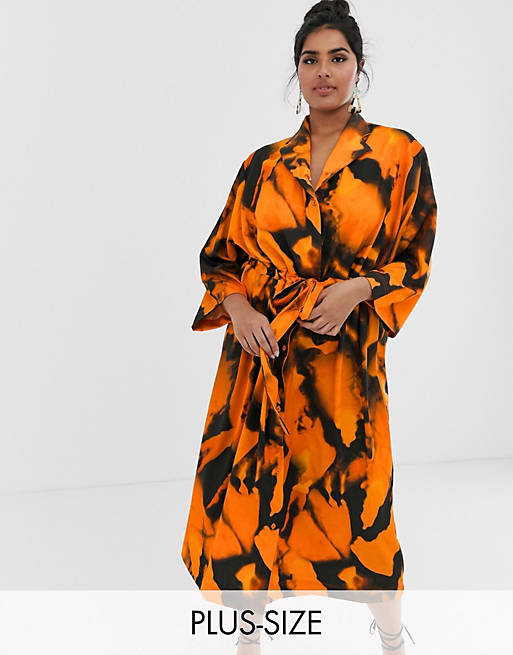 Another Reason Plus slouch shirt dress with drawstring waist in blur print