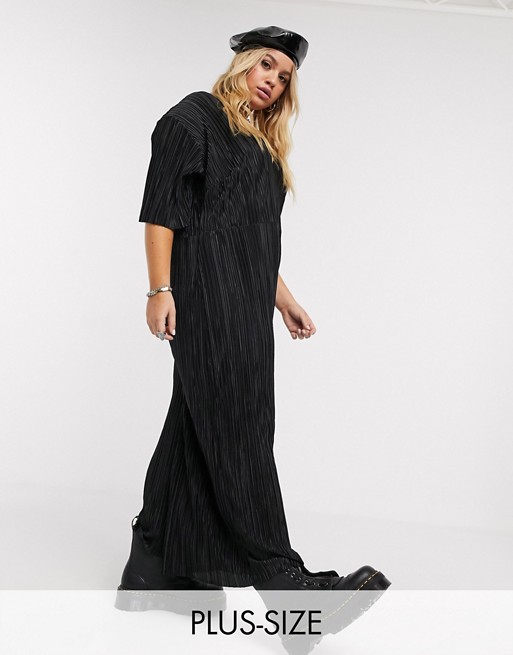 Another Reason Plus wide leg plisse jumpsuit with deep plunge