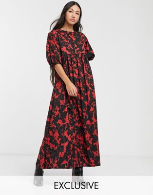 Vintage 60s-70s Large Red and Black Abstract Print Maxi Dress