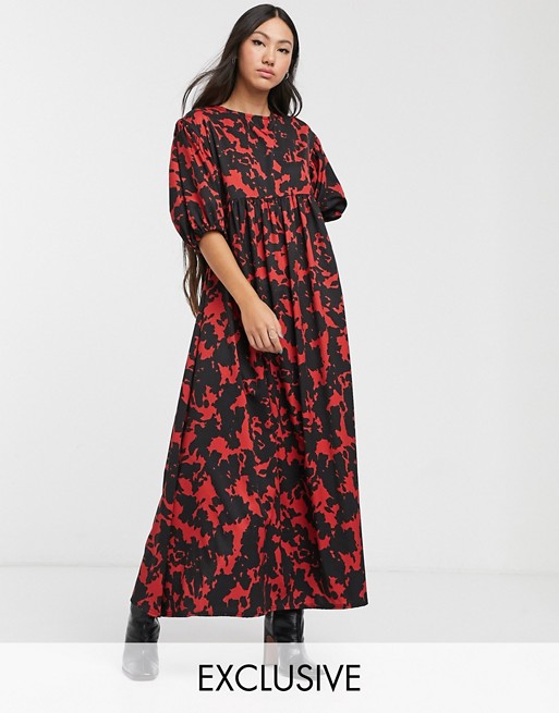 Another Reason puff sleeve maxi smock dress in abstract print