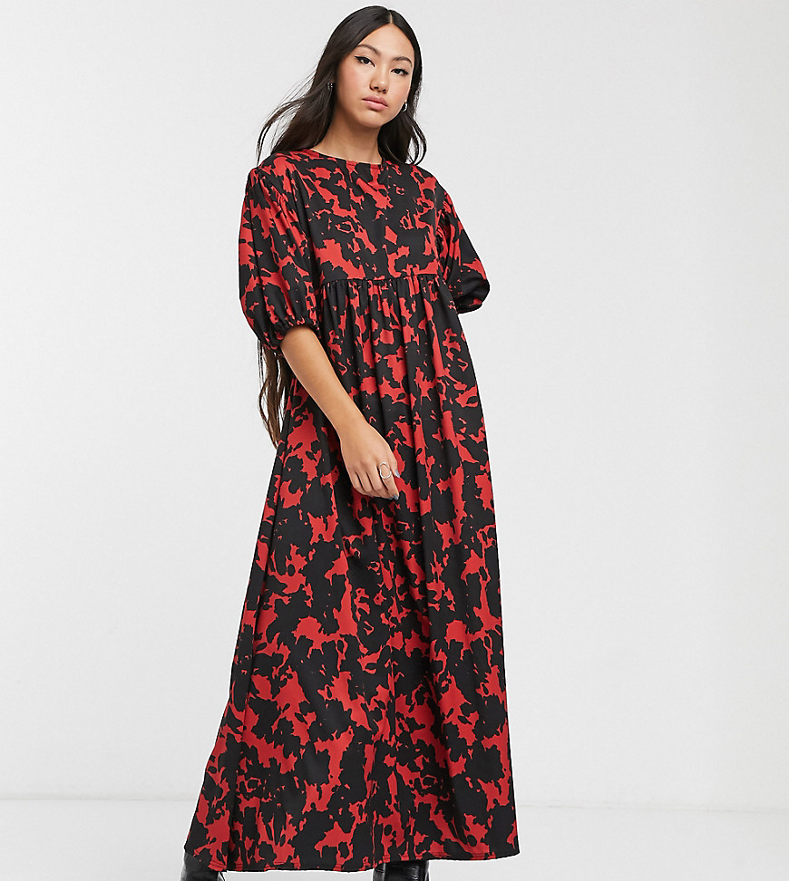 Another Reason puff sleeve maxi smock dress in abstract print-Red