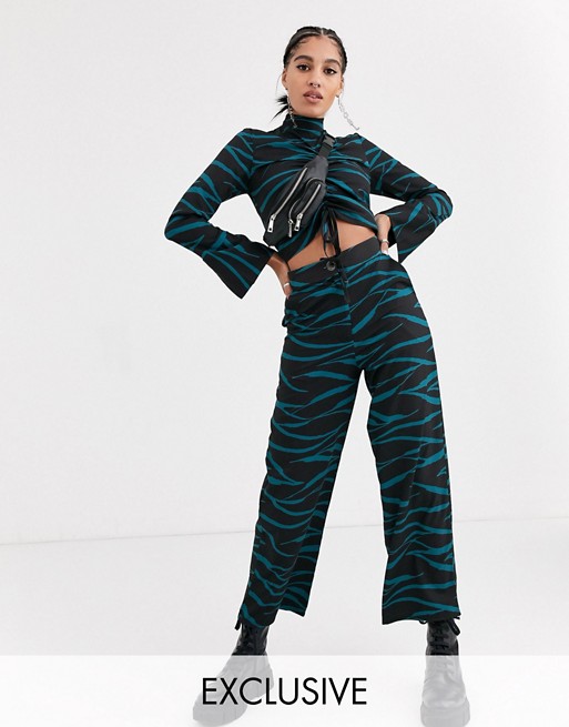 Another Reason relaxed high waisted trousers in teal zebra co-ord