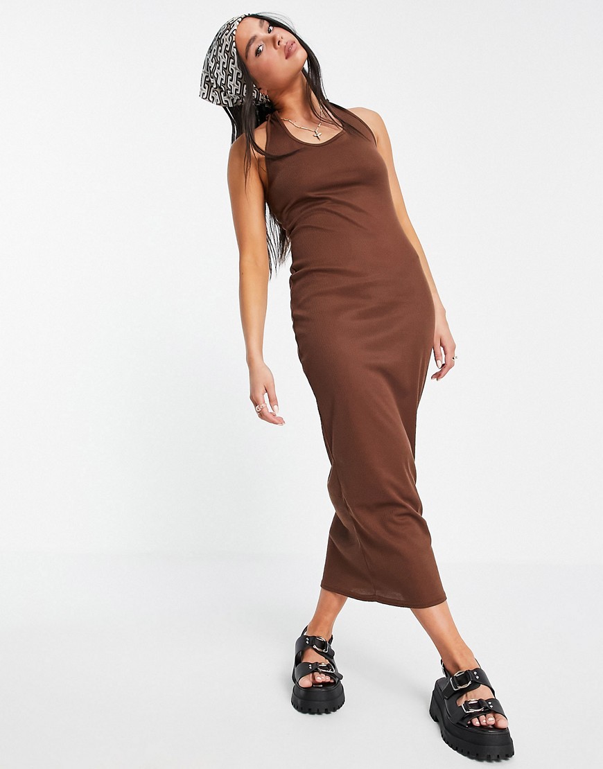 Another Reason ribbed halter neck maxi dress-Brown