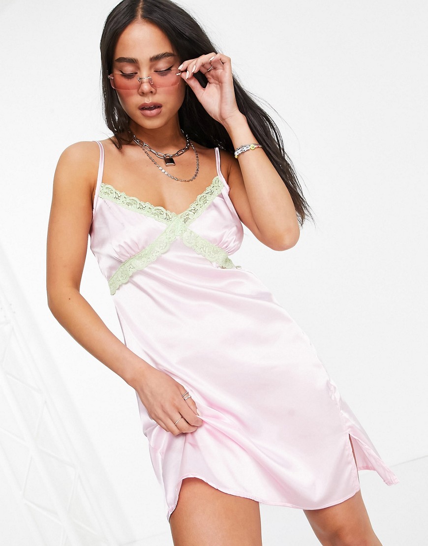 Another Reason satin mini slip dress with contrast lace-Pink