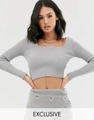 Another Reason square neck crop top in chunky rib co-ord-Grey